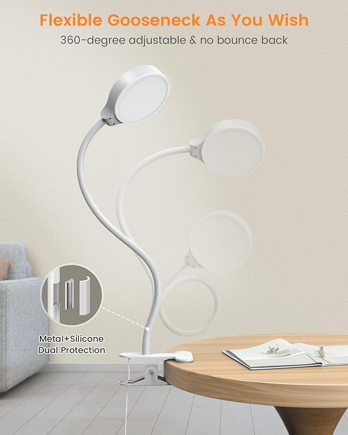 Glocusent 5W Reading Light for Bed, 36 LED Eye Caring Bed Lamp, 3 Colors & 5 Brightness Levels for Headboard with Adapter, Perfect Clip on Light for Reading, Working & Studying (White with Remote)