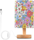 Pastel Floral LED Table Lamp, Bedside Lamp with Linen Lampshade, Flicker-Free Eye Care USB Plug in Nightstand Lamp, for Bedroom and Office
