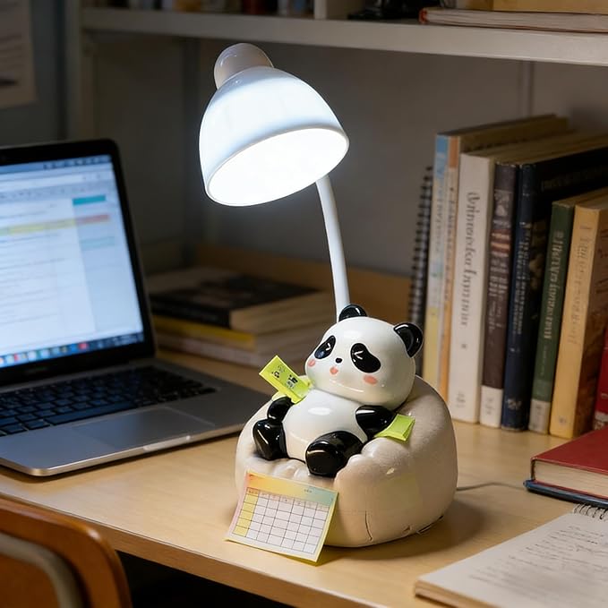 LED Desk Lamp with USB Charging Port, Gooseneck, Cute Panda Night Light for Bedroom Study Room, Boys Girls Children, Touch Control, 500 mAh, Rechargeable Lighting Decor for Boys Girls-Pink
