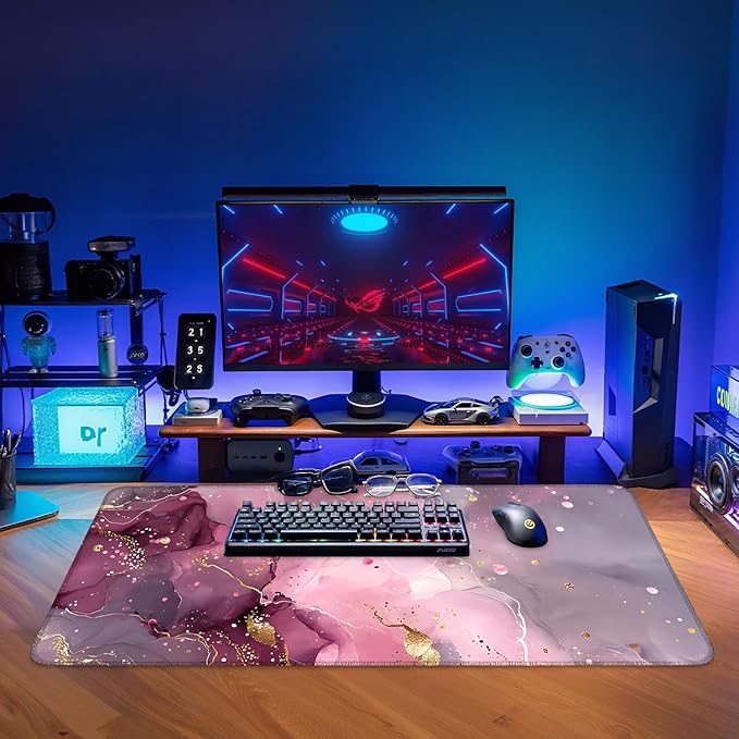Pink Marble Gaming Mouse Pad 35.4x15.7Inch Large Desk Mat Anti-Slip Rubber Base & Durable Stitched Edges for Gamers Smooth Mouse Writing Surface for Desk Office/Home