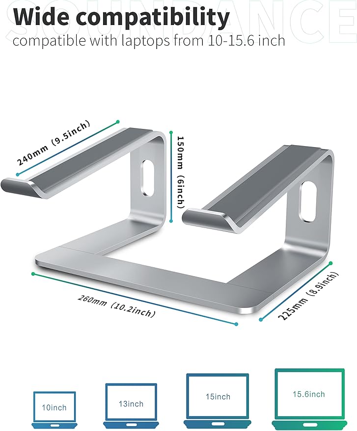 SOUNDANCE Laptop Stand, Aluminum Computer Riser, Ergonomic Laptops Elevator for Desk, Metal Holder Compatible with 10 to 15.6 Inches Notebook Computer, Silver