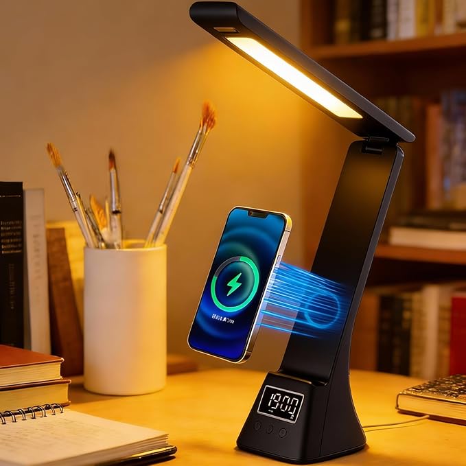All-in-One Wireless Charging Desk Lamp with Digital Clock & Alarm, 15W Fast Phone Charger, 3 Color Lighting Modes, 180° Foldable, Touch Control for Bedroom, Office,TYV-2088 Black.