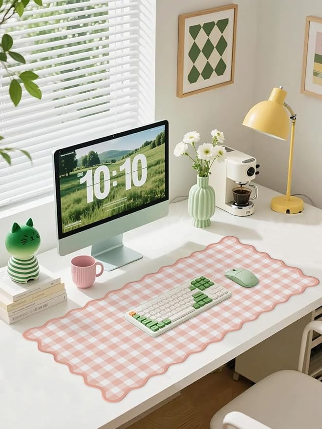 Scalloped‌ Pink Checkered Gingham Desk Mat Cute Pastel Large Mouse Pad Kawaii Cottagecore ‌Vintage‌ Girly Laptop Keyboard Computer Mat Pad Aesthetic Cozy Office Desk Decor for Women