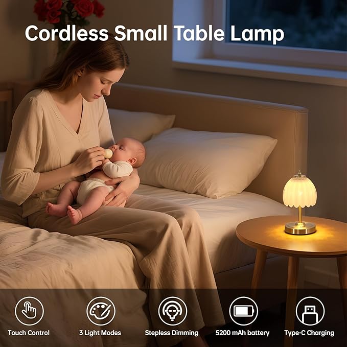 Tulip Small Table Lamp, 5200mAh Cordless Touch Control Mini Table Lamp with 3 Color Temps & Stepless Dimming, Perfect for Small Spaces Like Dressers, Bedsides, Bookshelves (White Tulip)