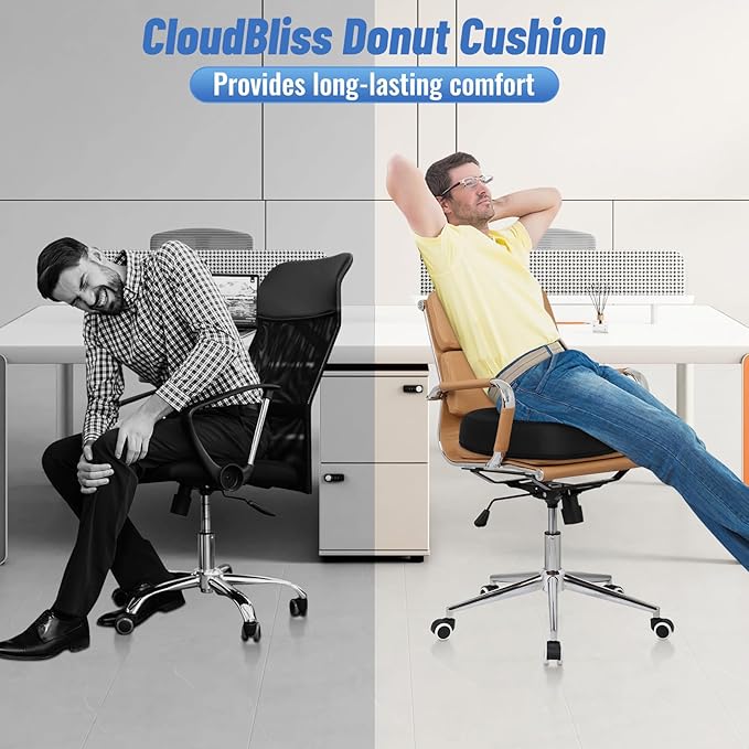 CloudBliss Donut Pillow Seat Cushion for Tailbone Pain Relief and Hemorrhoids, Memory Foam Chair Cushion, Seat Cushions for Men and Women for Home & Office, (Black-XL)