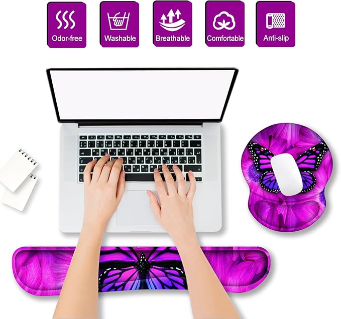 ARTSO Ergonomic Mouse Pad with Wrist Rest, Comfortable Keyboard Wrist Rest, Memory Foam Mousepad for Computer Keyboard, Mouse Pad Set for Easy Typing & Comfort, Purple Butterfly