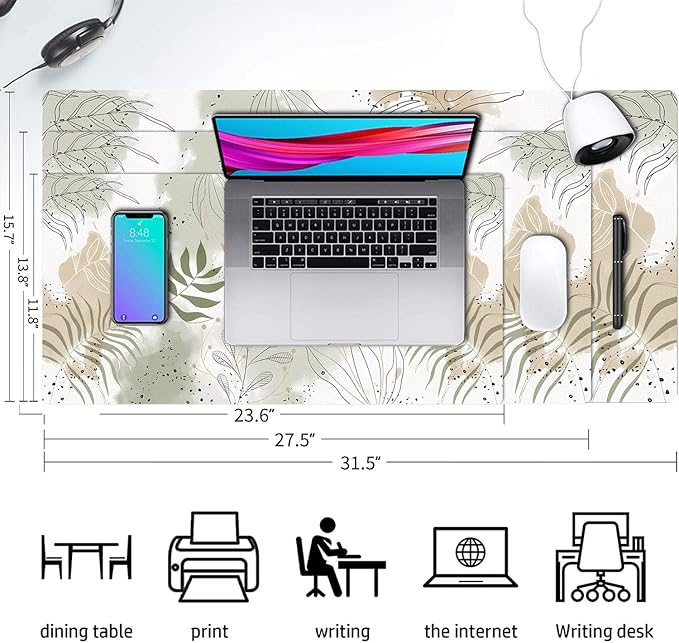 Desk Mat Large Protector Pad 27.5" ×13.8", Non-Slip PU Leather Desk Blotter, Waterproof Mouse Pad for Office Home Leaf