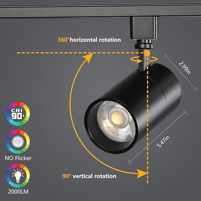 VANoopee 3-Color in 1 20W H Track Lighting Heads Dimmable Flicker Free Bright LED Track Lighting Fixtures for Accent Retail Kitchen Artwork, Linear Track Light H Type - CRI90+ 36° Black - 3 Pack