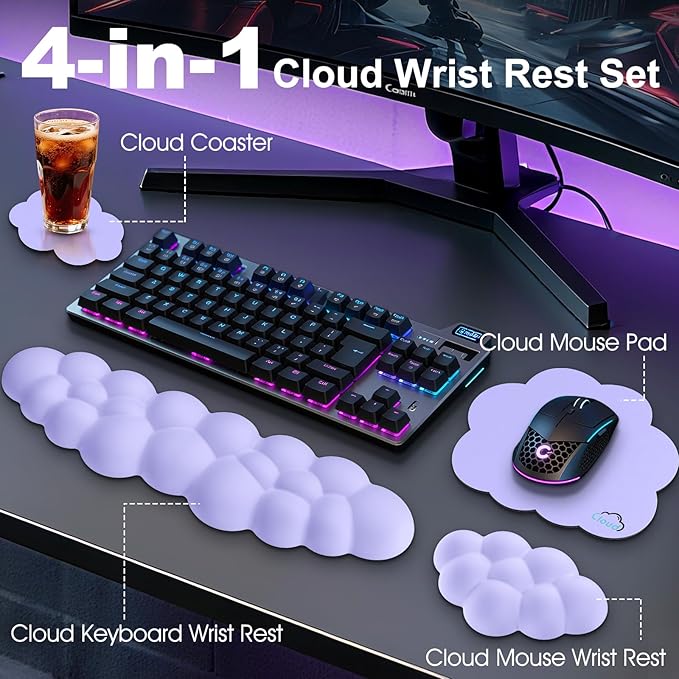 Cloud Wrist Rest Keyboard Cushion, 4-in-1 Ergonomic Cloud Keyboard Wrist Rest and Mouse Pad Set with Memory Foam Arm Support for Palm, Cute Desk Accessory for PC Gaming Setup, Purple