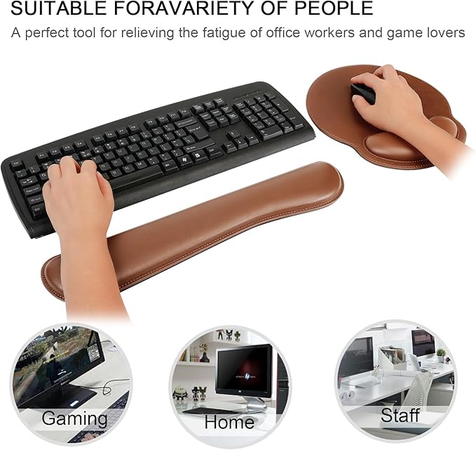 RICHEN Ergonomic PU Leather Keyboard Wrist Rest and Mouse Pad with Wrist Support, Memory Foam Set for Computer/Laptop,Gaming and Office, Comfortable for Easy Typing (PU Brown)