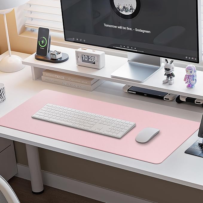 Boutilon Leather Desk Pad Protector,Non-Slip Mouse Pad,Laptop Desk Pad,Office Mouse Mat,Waterproof Leather Desk Blotter,Desk Writing Pad for Office and Home (XL-Light Pink,35.4"x 15.7")