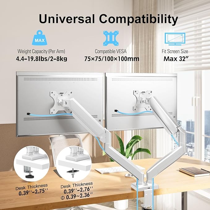 Dual Monitor Mount Fits 13 to 32 Inch Computer Screen, Dual Monitor Arm Hold 4.4-19.8lbs Each, Full Motion Monitor Desk Mounts for 2 Monitors, Gas Spring Monitor Stand, VESA Mount, White