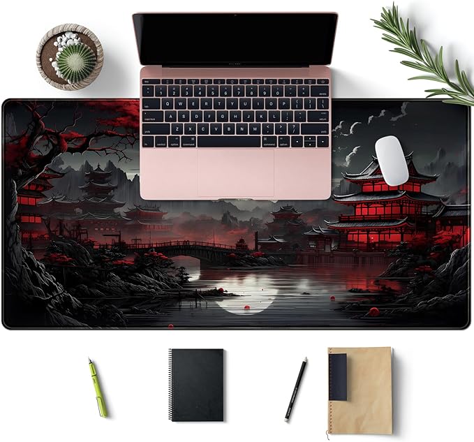 Japanese Desk Mat Riverside Full Moon Desk Pad Black Red Large Mouse Pad Gaming Mousepad Extended XXL Keyboard Pad 31.5 x 15.7 in Laptop Computer Mouse Keyboard Mat for Office Desk Decor