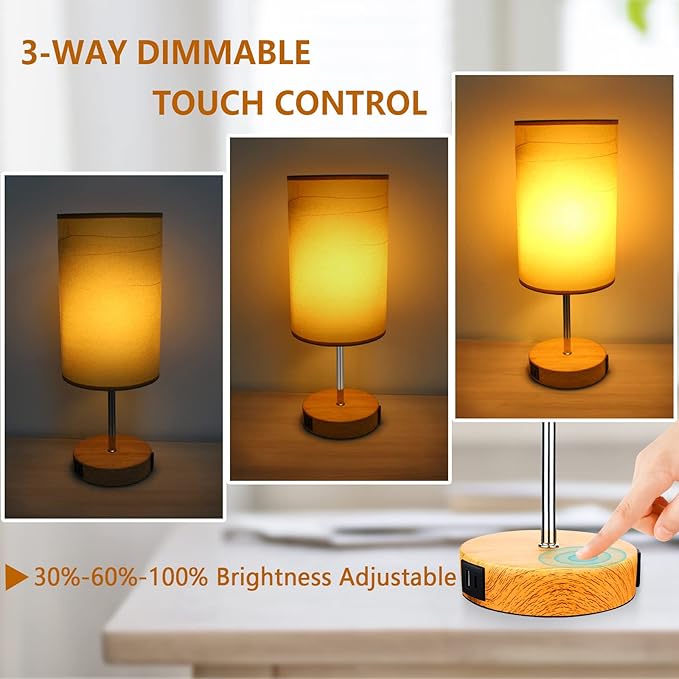 HiBay 17.75" Touch Bedside Table Lamp with USB Charging Ports & AC Outlet, Farmhouse Wood-Grain 3-Way Dimmable LED Nightstand Light with Parchment Shade for Bedroom Home Office Decor