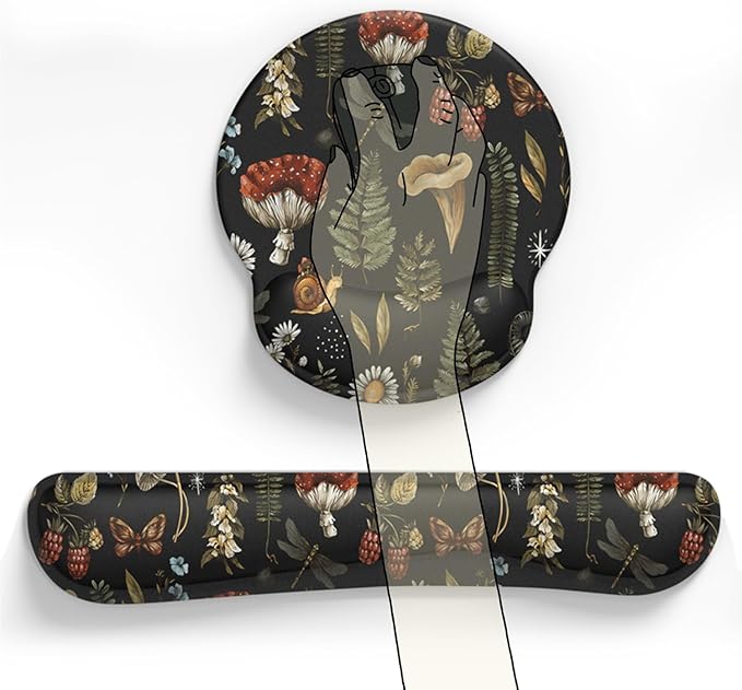 Plant Mushroom Mouse Pad Black Aesthetic Ergonomic Desk Pad Wrist Support Keyboard Wrist Rest Set, Mouse Pad with Non-Slip Pu for Office Comfortable Mouse Wrist Rest for Easy Typing.