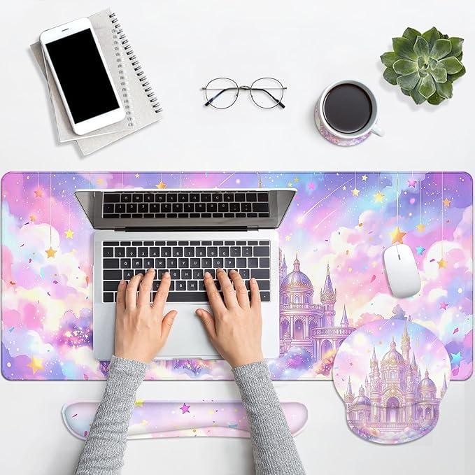Arttown Pink Castle Desk Mat Star Ribbons Mouse Pad Set 4 in 1 Ergonomic Design Large Mouse Pad + Keyboard Wrist Rest + Mouse Wrist Rest + Coaster Suitable for Home Office Study Game