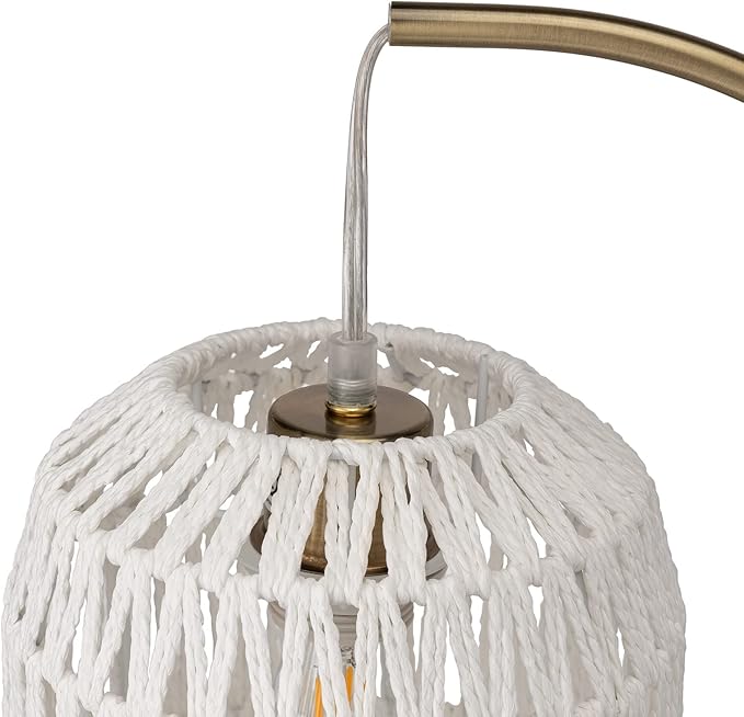 Tall Industrial Gold Rattan Table Bedside Lamp for Bedroom with USB Charge Port, Boho Woven Nightstand Lamp Home Office Couch Side Living Room Decoration Desk Lamp Gold & White