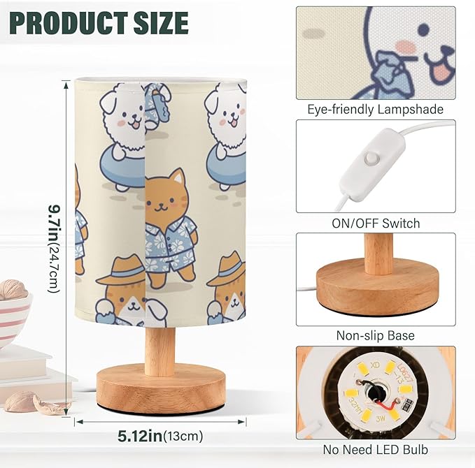 Cute Dog and Cat LED Table Lamp, Bedside Lamp with Linen Lampshade, Flicker-Free Eye Care USB Plug in Nightstand Lamp, for Bedroom and Office