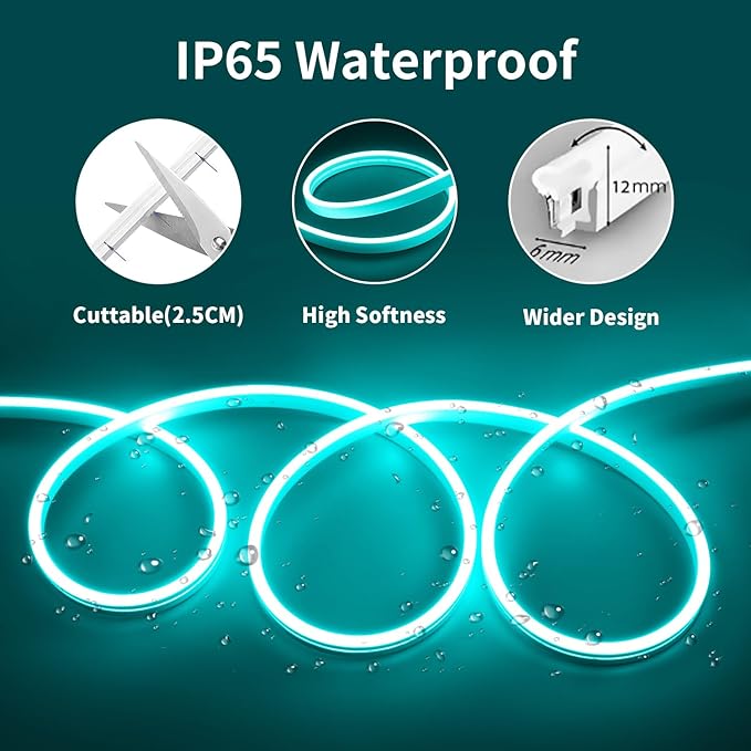 5M Neon Rope Light,12V Ice Blue LED Strip Lights with Power Plug, Waterproof Flexible Dimmable Neon Strip Lights Kit for Bedroom TV Backlight Gaming Room Monitor Kitchen Cabinet Indoor Outdoor Decor