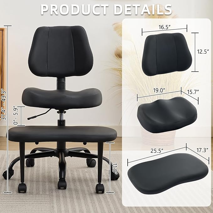 Ergonomic Criss Cross Legged Office Chair, ADHD Chair, Wide Height Adjustable Seat 360° Swivel Footstool with Wheels, PU Leather Meditation Kneeling Chair, for The Restless Home Workers, Black