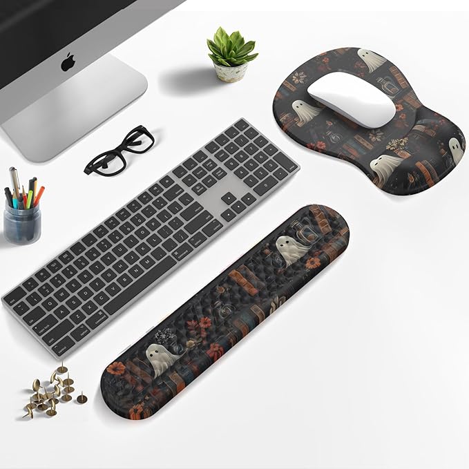 Ghost Book Mousepad with Wrist Rest Halloween Computer Keyboard Mouse Pad Black Cute, Mouse Pad with Wrist Rest for Computer Keyboard, 2 In 1 Mousepad with Wrist Support for Easy Typing & Ergonomic Comfort