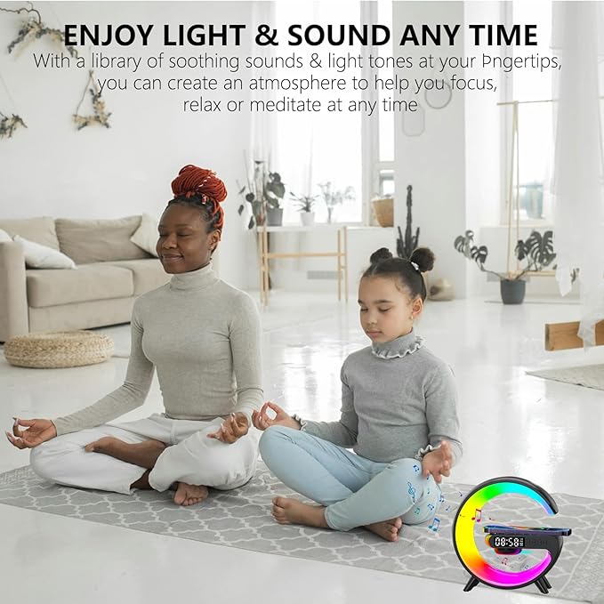 Wireless Speaker Charger Light,LED Bedside Lamp 4-in-1 Alarm Clock,Mood Light,Speaker & Wireless Charger,G-Shaped Atmosphere Lamp RGB Colour Changing Lamp for Bedroom,Birthday Gifts(Black)
