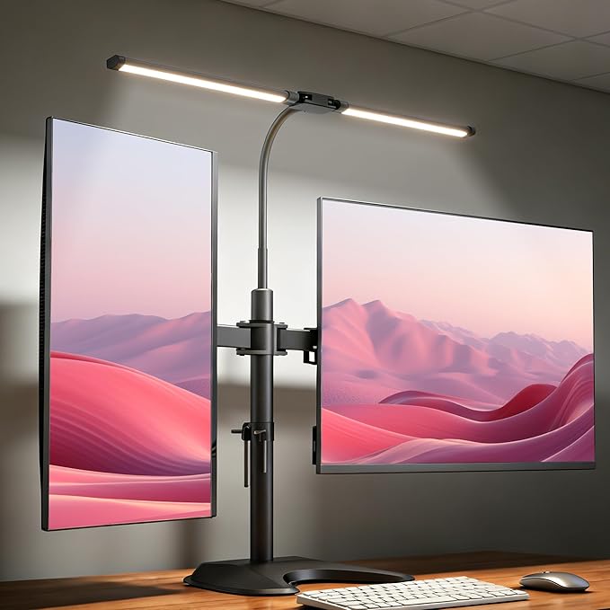13–27″ Dual Monitor Stand for Desk with Adjustable LED Desk Lamp, Monitor Stand with Led Lights Freestanding Dual Monitor Mount (22 lbs/Arm) – Two-Screen Ergonomic Mount with Reading Lamp