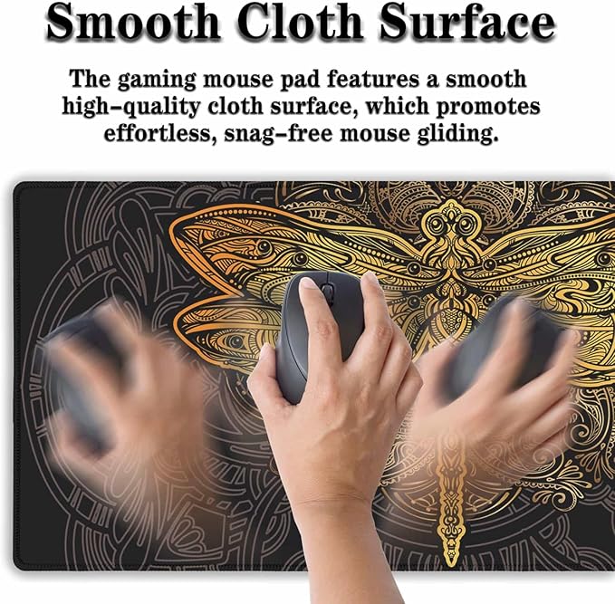 Gaming Desk Mats Gold, Desk Mouse Pad Extra Large Mouse Pads, Pad for Mouse Non-Slip Rubber Base Waterproof with Stitched Edges, 35.4 X 15.7 inch for Work/Game/Office/Home Dragonfly Mandala