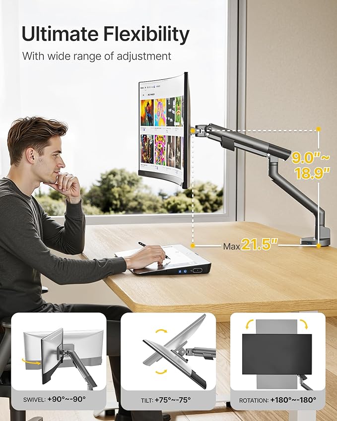 monTEK Single Monitor Arm with USB for 17-40 Inch Screens, Up to 24.3lbs, Heavy Duty Monitor Mount with VESA Mount, Full Motion Adjustment Monitor Stand C-Clamp/Grommet Base,VESA 75/100mm