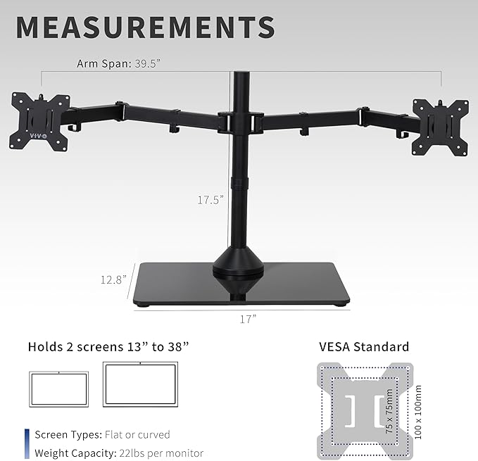 VIVO Freestanding Dual Ultrawide Monitor Stand with Sleek Glass Base and Adjustable Arms, 2 Screens up to 38 inches and 22 lbs Each, Black, STAND-V038FG