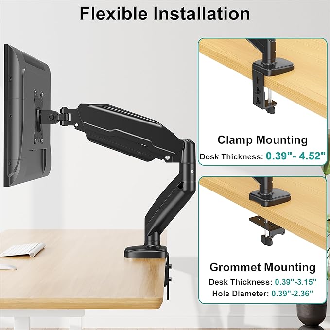 MOUNT PRO Single Monitor Desk Mount - Articulating Gas Spring Arm, Removable VESA Monitor Mount Computer Monitor Stand with Clamp and Grommet Base Fits 13 to 32 Inch Screen, VESA 75x75, 100x100, Black