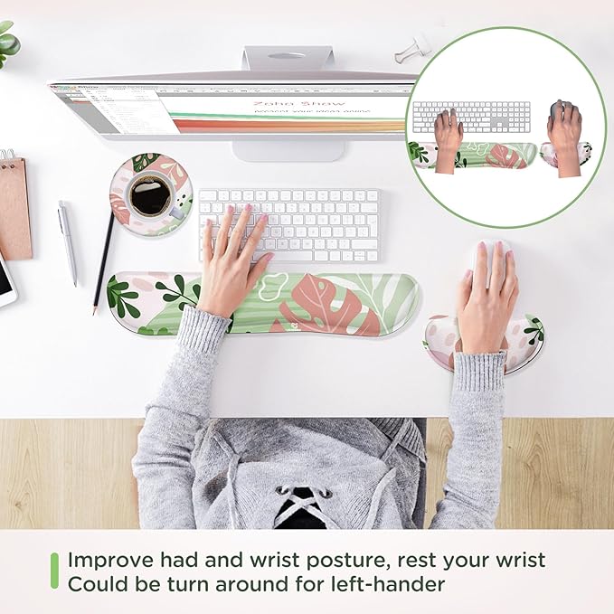 Gimars Enlarge Silky and Superfine Fabric Gel Memory Foam Keyboard Wrist Rest Set, Ergonomic Keyboard Mouse Wrist Support for Typing, Comfort for Office, Gaming, Computer-Morandi Pink