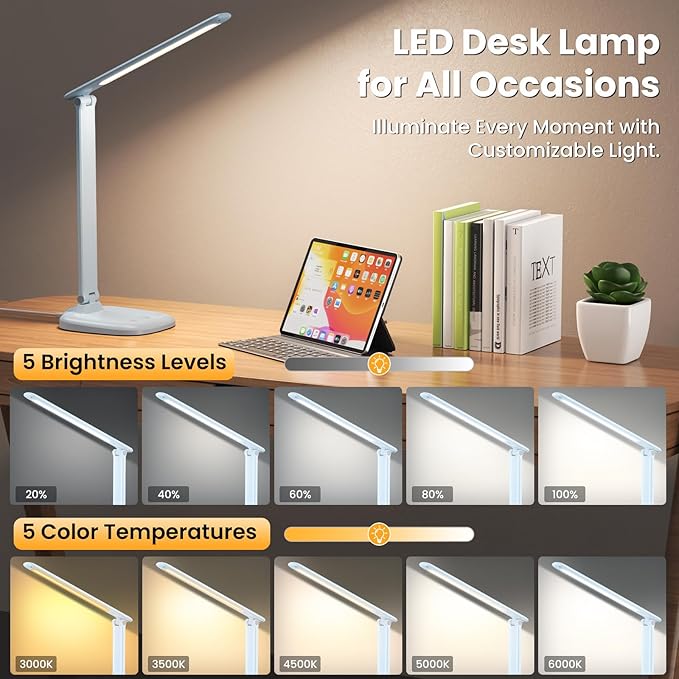 Desk Lamp with Charger, 10%-100% Stepless Dimmable & 5 Color Modes Study Lamp, Touch Control, 30-/60-minute Timer, USB Charging Output Port, CRI≥90, Eye-Caring Foldable LED Desk Lamps for Home Office