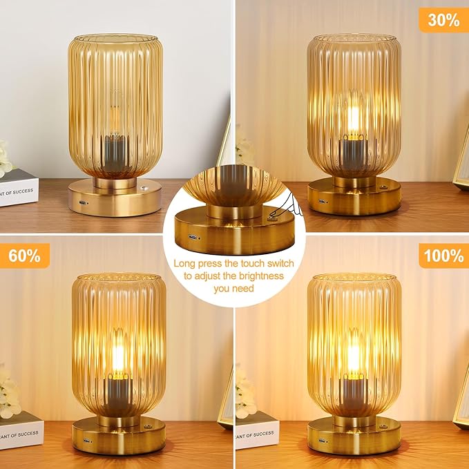 Table Lamp for Bedroom, Cordless Small Bedside Lamp, Touch Dimmable Rechargeable Lamp Battery Operated with Amber Glass Shades for Night Stands, Living Room, Desk, Bulb Included