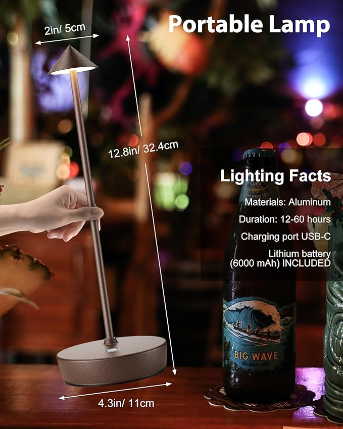 Cordless Table Lamps Rechargeable, 6000mAh Battery Operated LED Desk Lamp Outdoor Waterproof Portable Touch Dimmable Table Night Light for Patio Restaurant Dining Home Set of 2 Rust