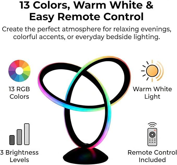RGB Bedside Lamp with Remote,13 Color Changing Spiral Table Lamp, Dimmable LED Night Light with 3 Warm White Levels for Bedroom, Living Room,Nightstand,Black
