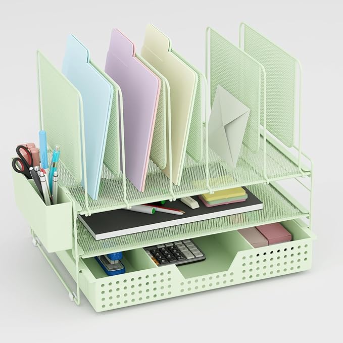 Green Desk Organizer, Office Organization with Vertical File Holder, File Organizer with Drawer and Pen Holder, Desk Accessories and Workspace Organizers for Home Office (Green)