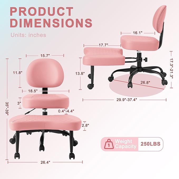 GUNJI Ergonomic Criss Cross Legged Office Chair, 360° Swivel Meditation Kneeling Chair with Wheels, ADHD Chair with Footrest, Lumbar Support, Wider Height Adjustable Seat (Pink, Teddy Fleece)