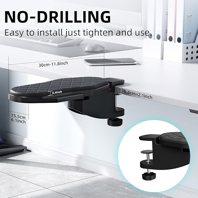 Ergonomics Desk Extender Tray, Table Mount Arm Wrist Rest Shelf, 180° Swivel Elbow Arm Support, Computer Desk Extender Tray for Home and Office (Black - Rotating)