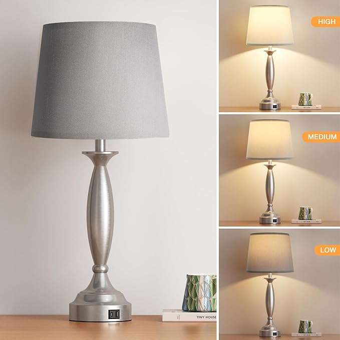 25.5" Lamps for Bedrooms Set of 2 - Touch Bedside Lamp with USB C+A, 3 Way Dimmable Nightstand Lamps with USB Port, Brushed Nickel Table Lamp for Living Room Bed Side End Table（bulbs included）