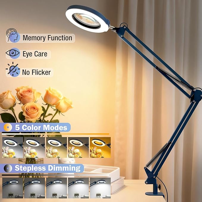 10X Magnifying Glass with Light and Clamp, Real Glass Stand Lighted Magnifier, 5 Color Modes Stepless Dimmable LED Desk Lamp Hands Free for Crafts Hobby Reading Painting Sewing Close Work Large Blue