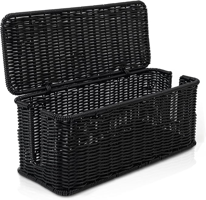 Cable Management Box, Handmade Rattan Cable Organizer with 2 Open Slots, Cord Hider for Power Strip, Router & USB Hub, Registered U.S. Design Patent (D1,112,102), 13" x 5.1" x 5.1", Black