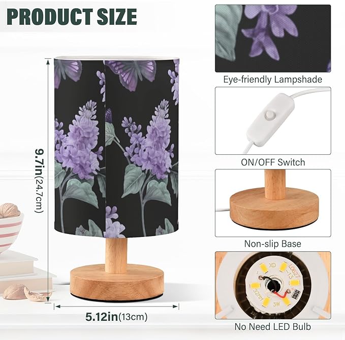 Butterfly and Flower LED Table Lamp, Bedside Lamp with Linen Lampshade, Flicker-Free Eye Care USB Plug in Nightstand Lamp, for Bedroom and Office