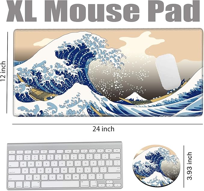 Gaming Mouse Pad Japanese Sea Wave Mousepad 24x12 Desk Pad XL Ocean Desk Mat Long Extended Computer Mat Non Slip Base Big Mouse Mat for Wireless Mouse Laptop Office