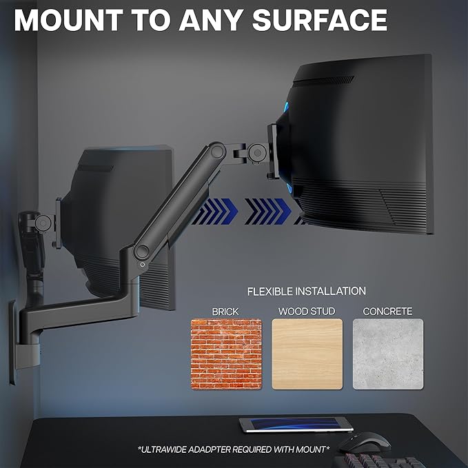 VIVO Premium Ultrawide Monitor Counterbalance Wall Mount for up to 49 inch Screens, Holds 44 lbs, Full Motion, Max VESA 100x100, Black, MOUNT-V101V