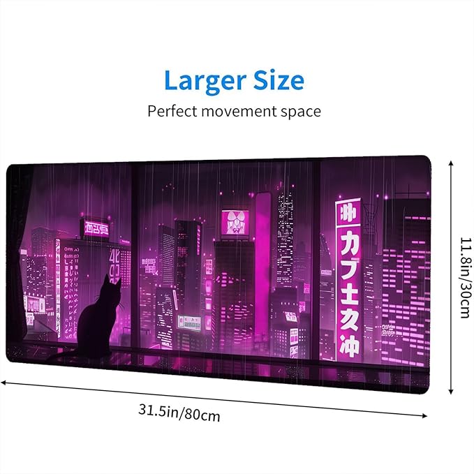 Purple Anime Desk Pad Mouse Pad Japanese Cat Night Tokyo Extended Gaming Mouse Pad Mat with Stitched Edge Non-Slip Base Big Mouse Pad 31.5"x11.8" Office Computer Keyboard Laptop Home