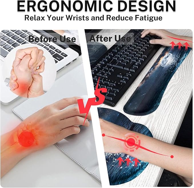 Arttown Moonlight Night Desk Mat Seascape Mouse Pad Set 4 in 1 Romantic Wave Ergonomic Design Large Desk Pad + Keyboard Wrist Rest + Mouse Wrist Rest + Coaster Suitable for Home Office Study Game