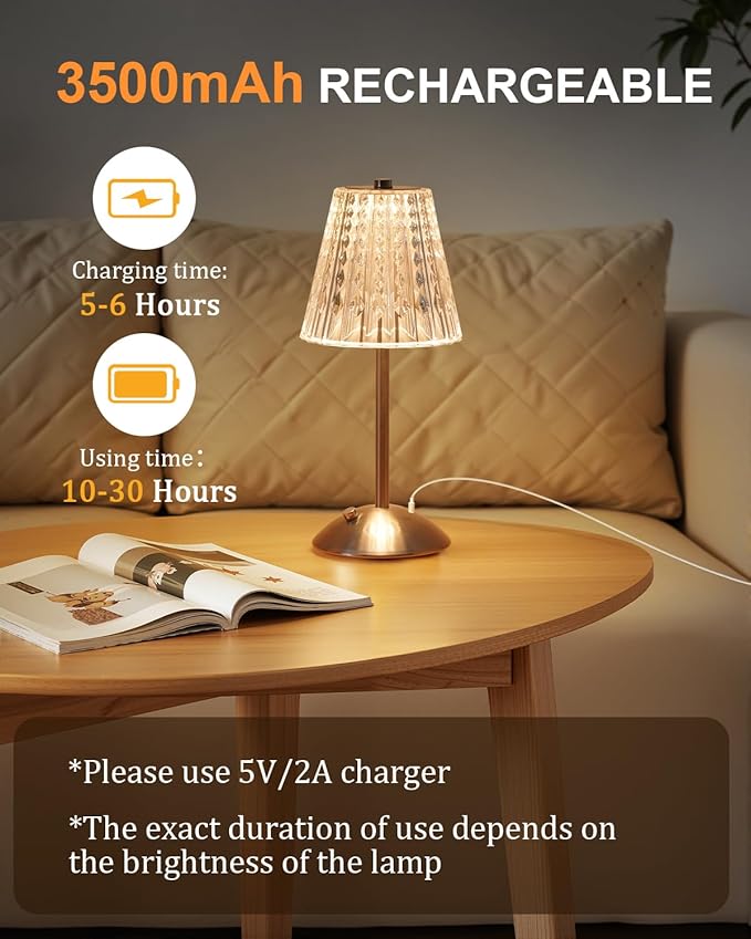 Cordless Touch Table Lamp, LED Rechargeable Small Dask Lamp, 3 Colors Dimmable Battery Operated Crysta Lamp for Bedroom Restaurant Kitchen Home Decor,Silver, 2pcs