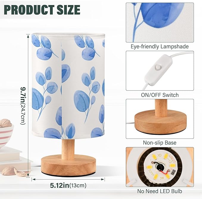 Blue Floral LED Table Lamp, Bedside Lamp with Linen Lampshade, Flicker-Free Eye Care USB Plug in Nightstand Lamp, for Bedroom and Office