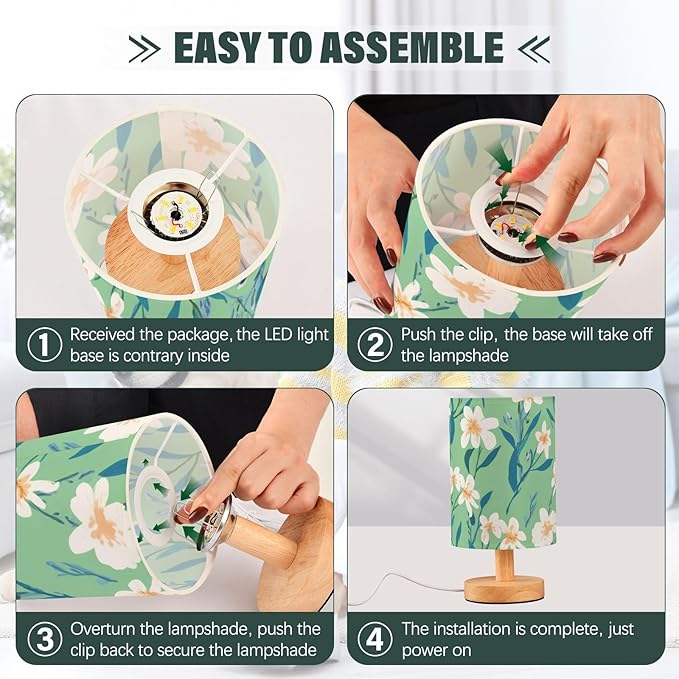 Green Floral LED Table Lamp, Bedside Lamp with Linen Lampshade, Flicker-Free Eye Care USB Plug in Nightstand Lamp, for Bedroom and Office